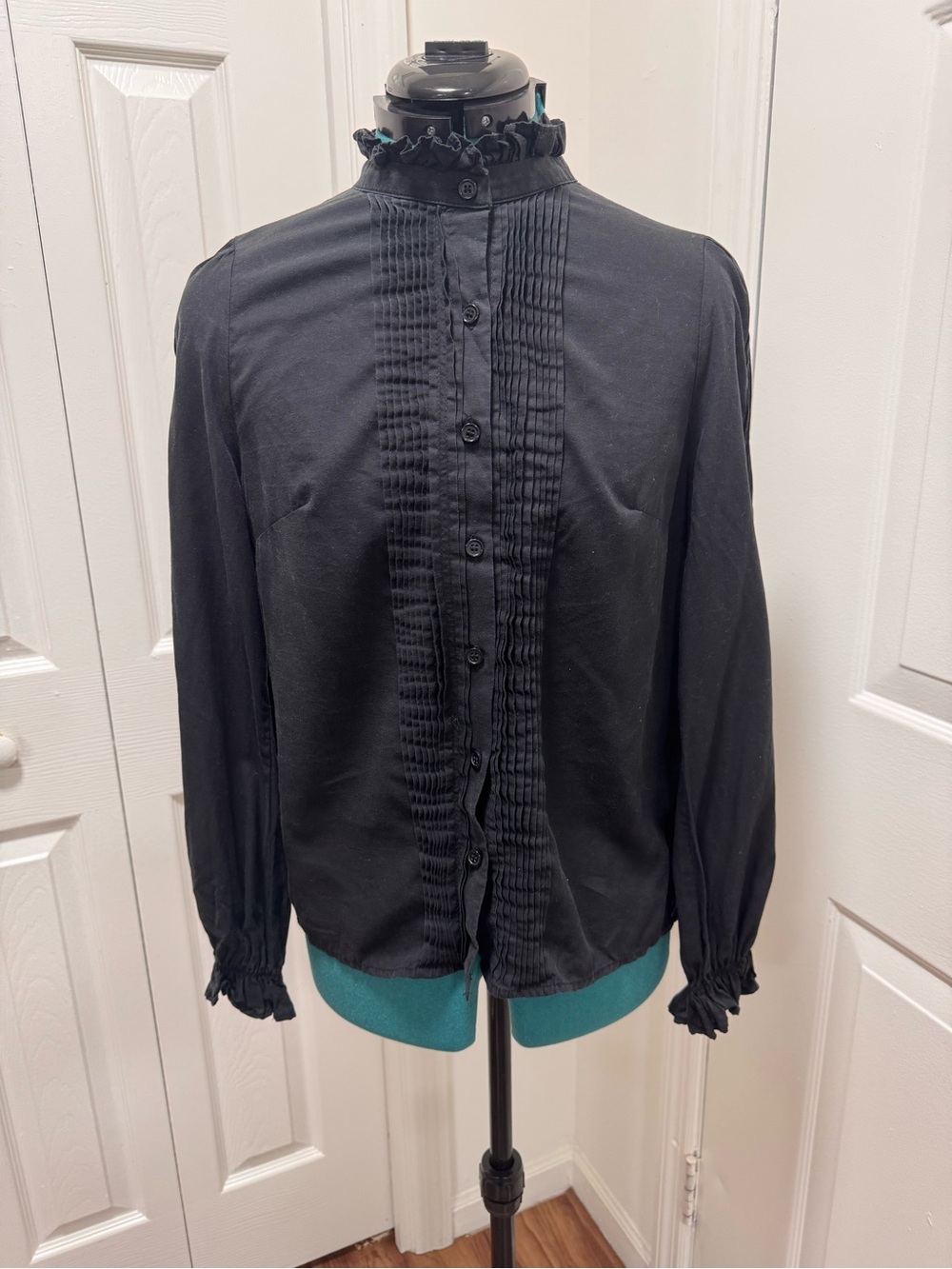 Black Ruffle-Neck Pintuck Button Front Blouse